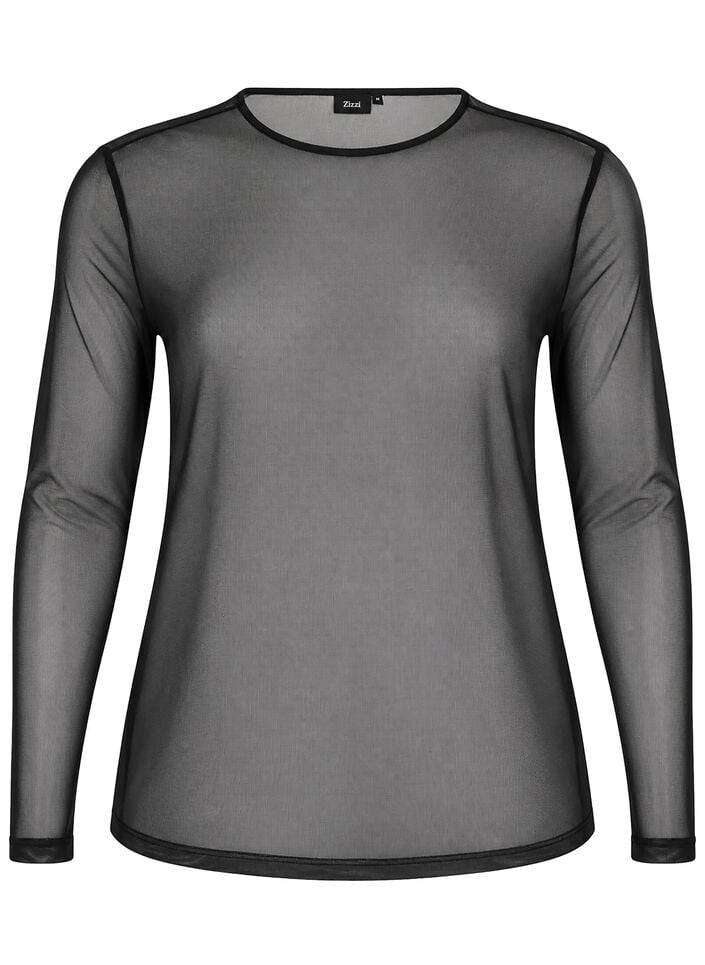 Bluse i mesh med lange ermer, Svart, Packshot image number 0