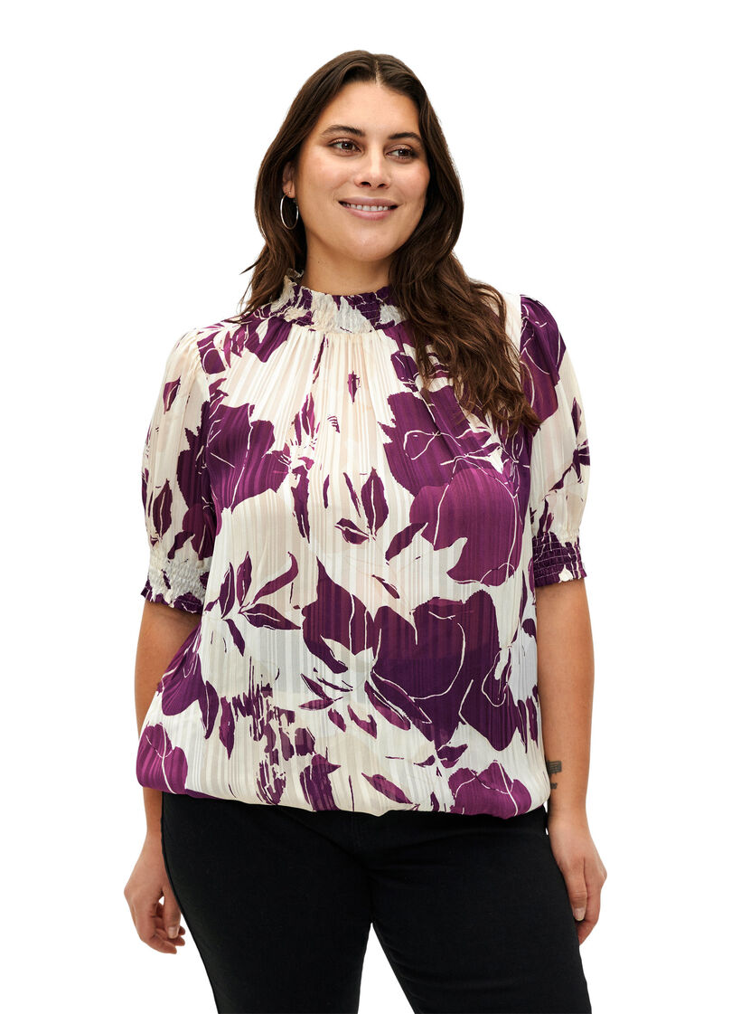 Kortermet smokk bluse med trykk, D.Purple Graphic AOP, Model image number 0