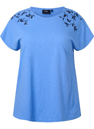 T-skjorte i bomull med mønsterdetalj, Ultramarine C Leaf, Packshot image number 0