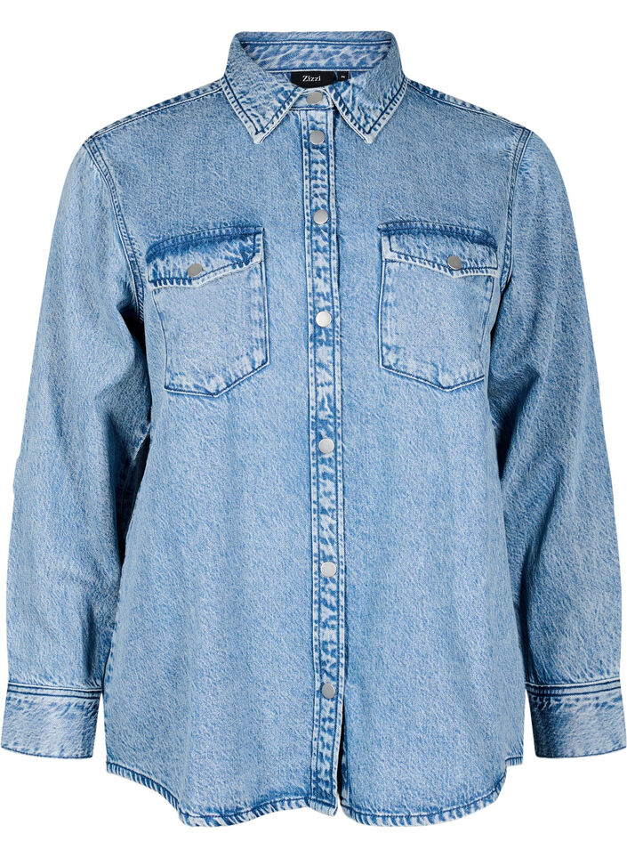Denimskjorte med brystlommer, Blå, Packshot image number 0