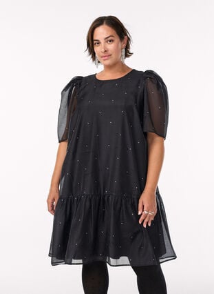 Zizzi Knelang festkjole med gjennomsiktige ermer, Svart, Model image number 0