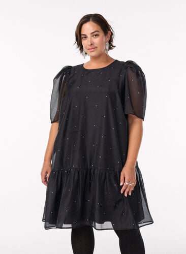 Zizzi Knelang festkjole med gjennomsiktige ermer, Svart, Model image number 0