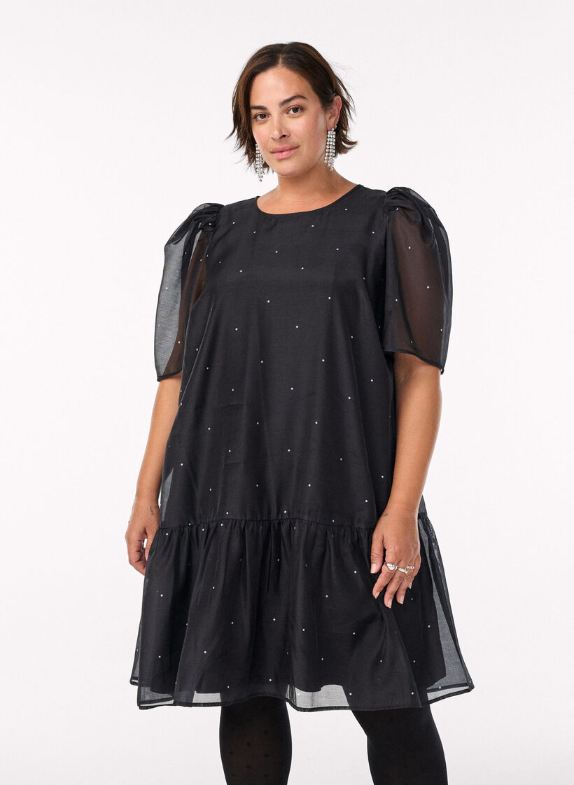Knelang festkjole med gjennomsiktige ermer, Svart, Model image number 0