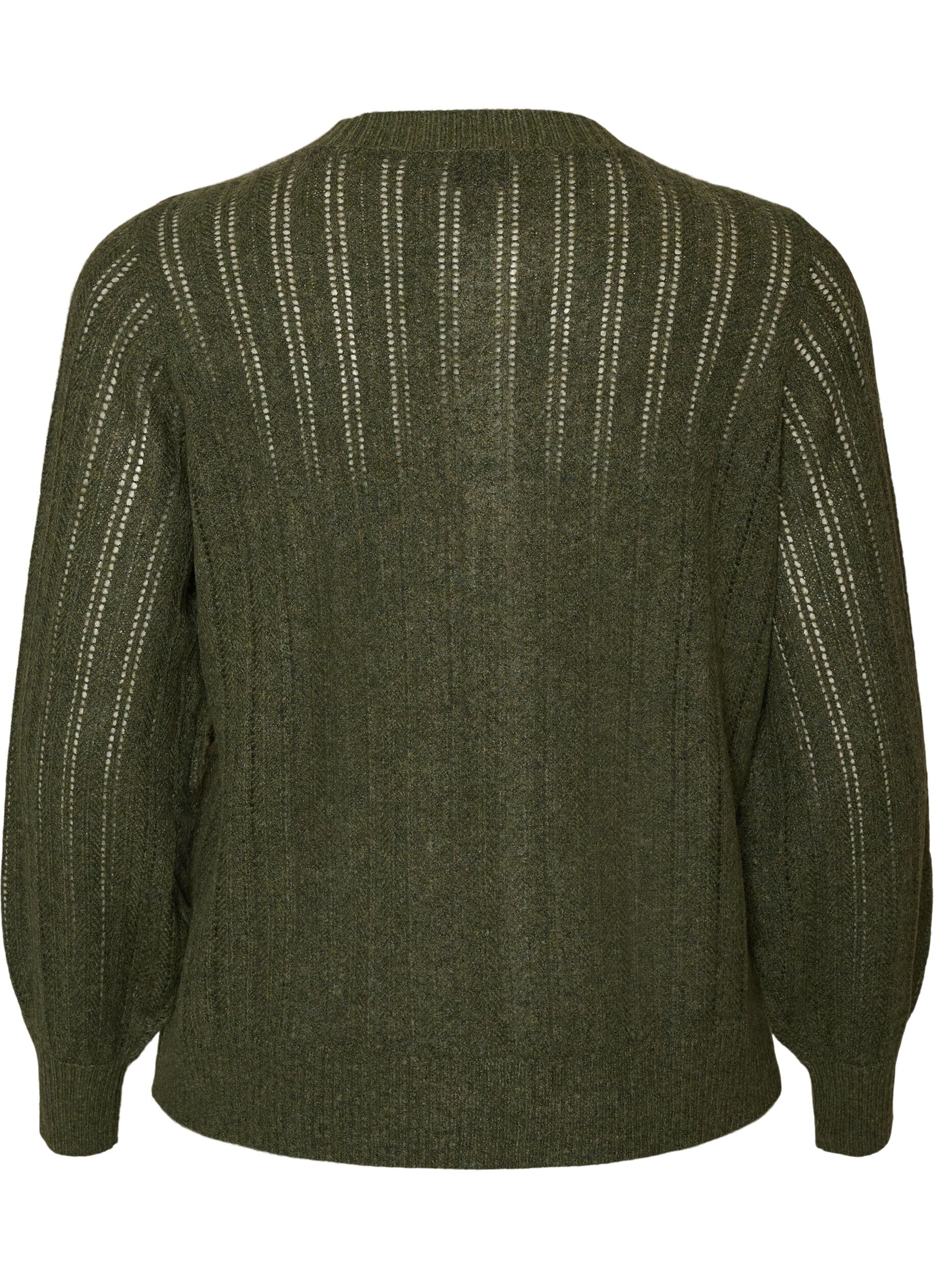 ZizziStrikket cardigan med hullm&oslash;nster, Gr&oslash;nn, Packshot image number 1