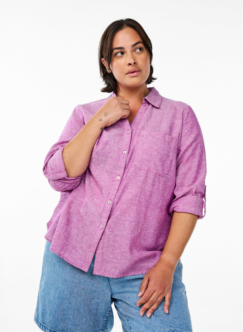 Skjorte i lin og viskose med 3/4 ermer, Lilla, Model image number 0