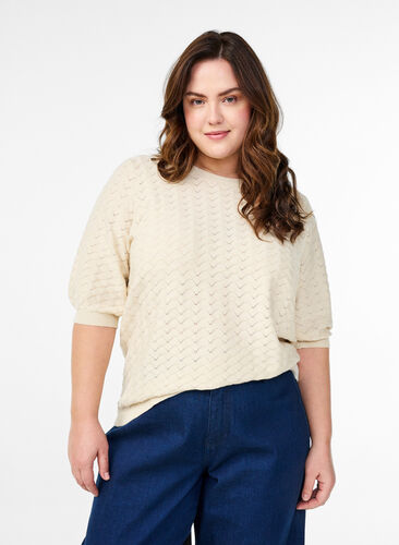 Zizzi Strikket bluse med hullmønster og korte ermer, Birch Mel., Model image number 0