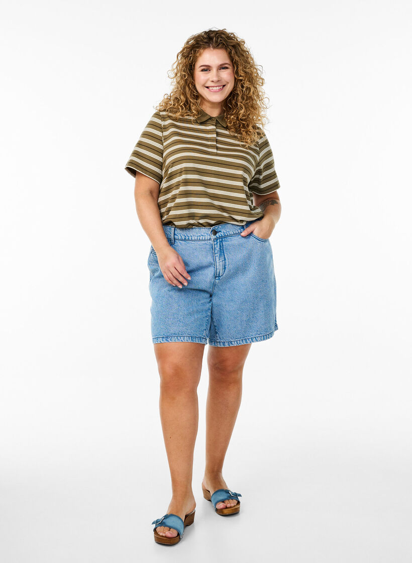 Stripete poloskjorte med korte ermer, Grønn, Model image number 1