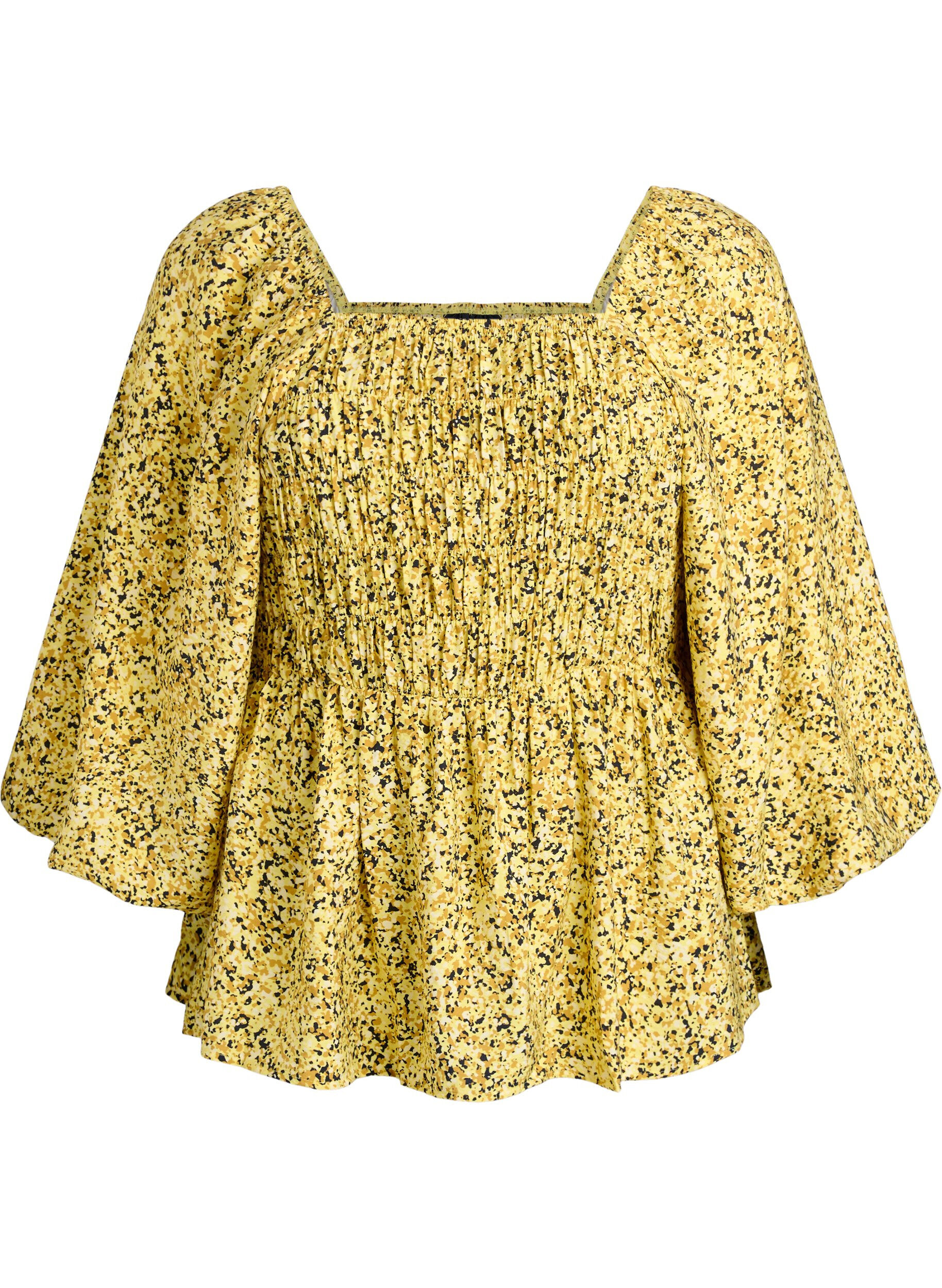 Bluse med smock og firkantet utringning
