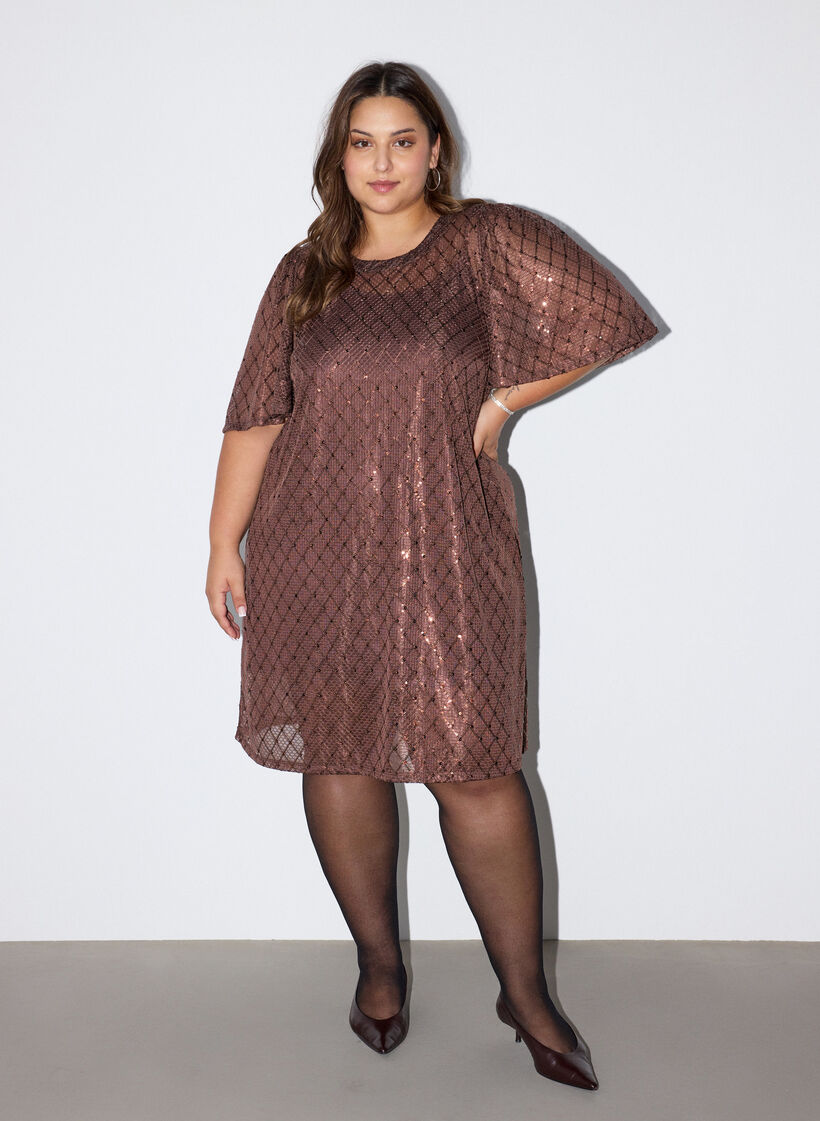 Kort paljettkjole med diamantm&oslash;nster, Brun, Model image number 1