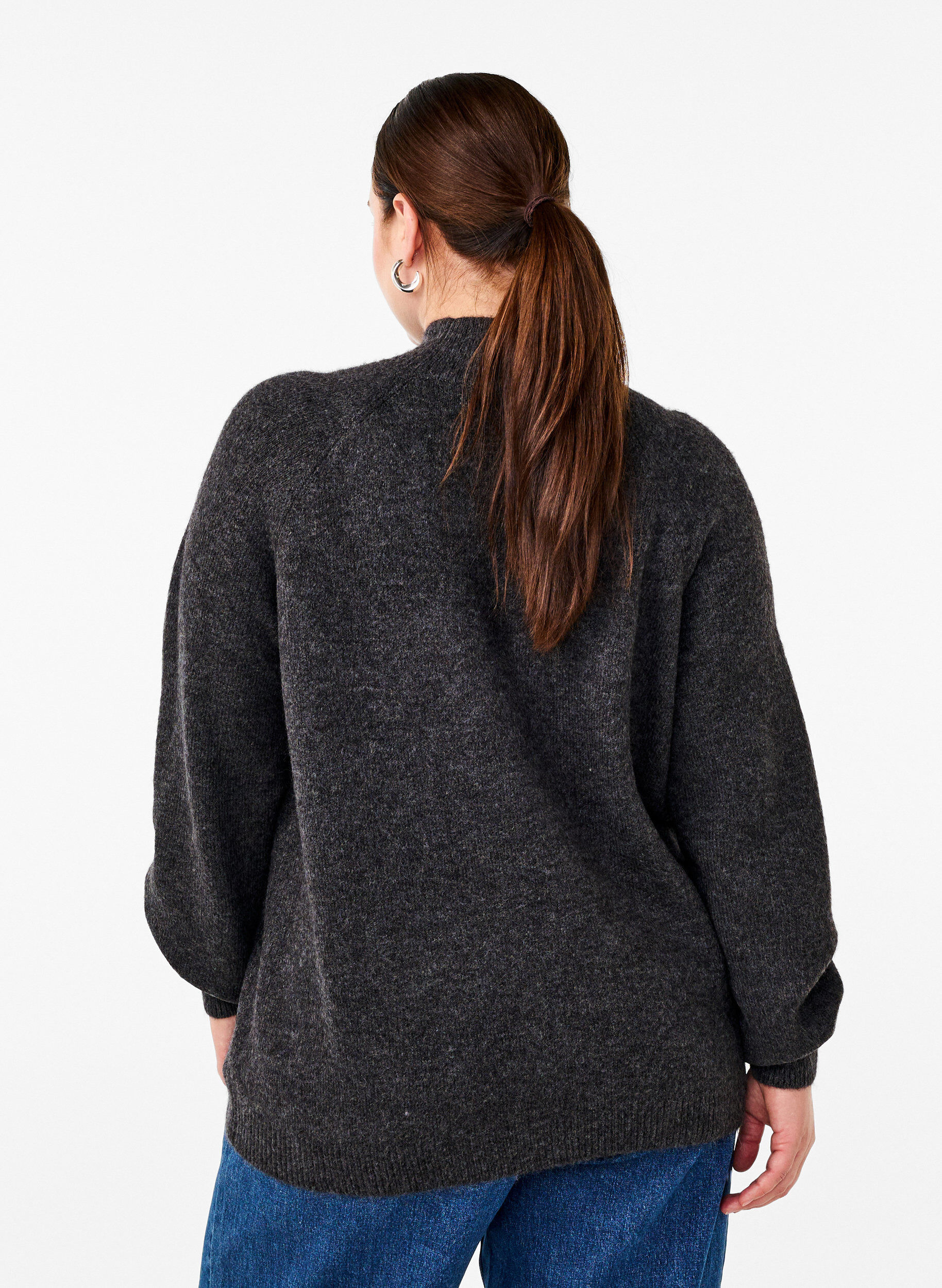 Zizzi Strikket bluse med sl&oslash;yfedetaljer, Dark Grey White Mel., Model image number 1