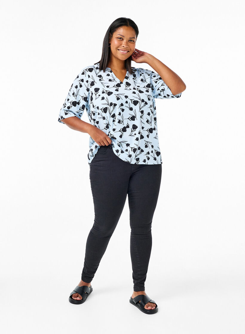 Bluse med V-hals og sløyfetrykk, Cashmere Blue Flower, Model image number 2