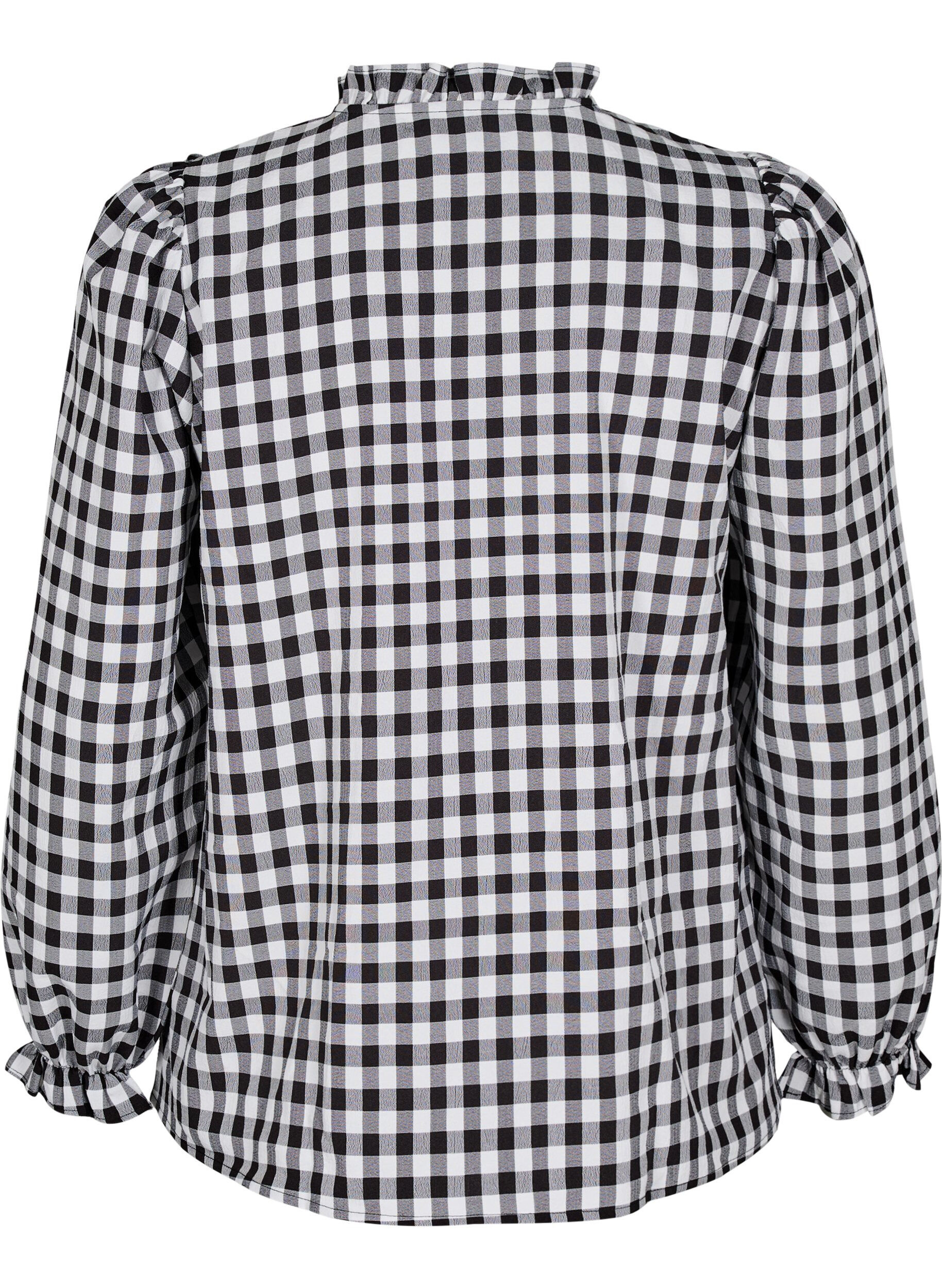 Zizzi Rutete bluse med volangdetaljer, Black/W. Gingham, Packshot image number 1