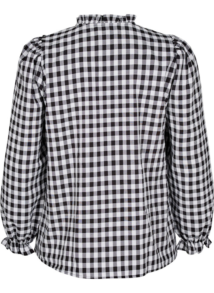 Rutete bluse med volangdetaljer, Black/W. Gingham, Packshot image number 1