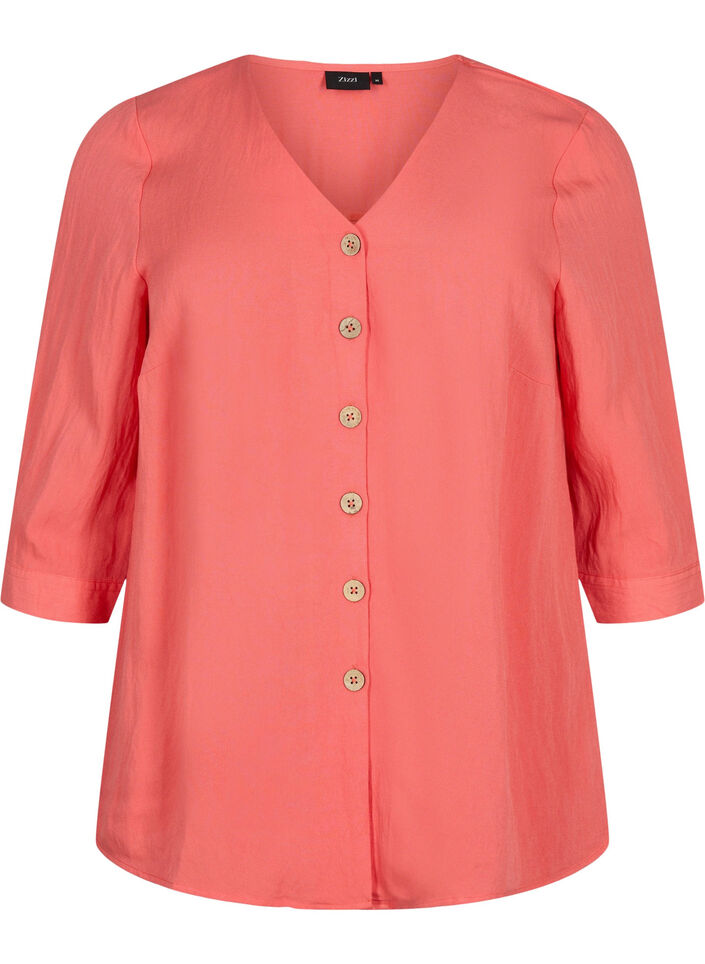Bluse i viskose med knapper og V-hals, Deep Sea Coral, Packshot image number 0
