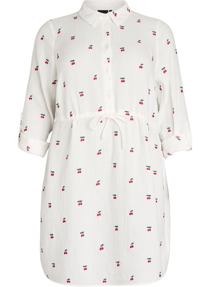 Skjortekjole i bomullsmusselin med broderte motiver, Vanilje, Packshot image number 0