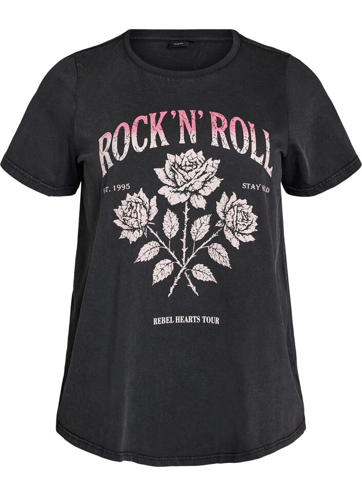 T-skjorte i &oslash;kologisk bomull med rockprint, Svart, Packshot image number 0