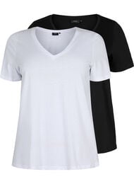T-skjorte med V-hals, 2 stk, Bright White / Black