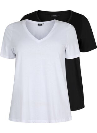 T-skjorte med V-hals, 2 stk, Bright White / Black, Packshot image number 0