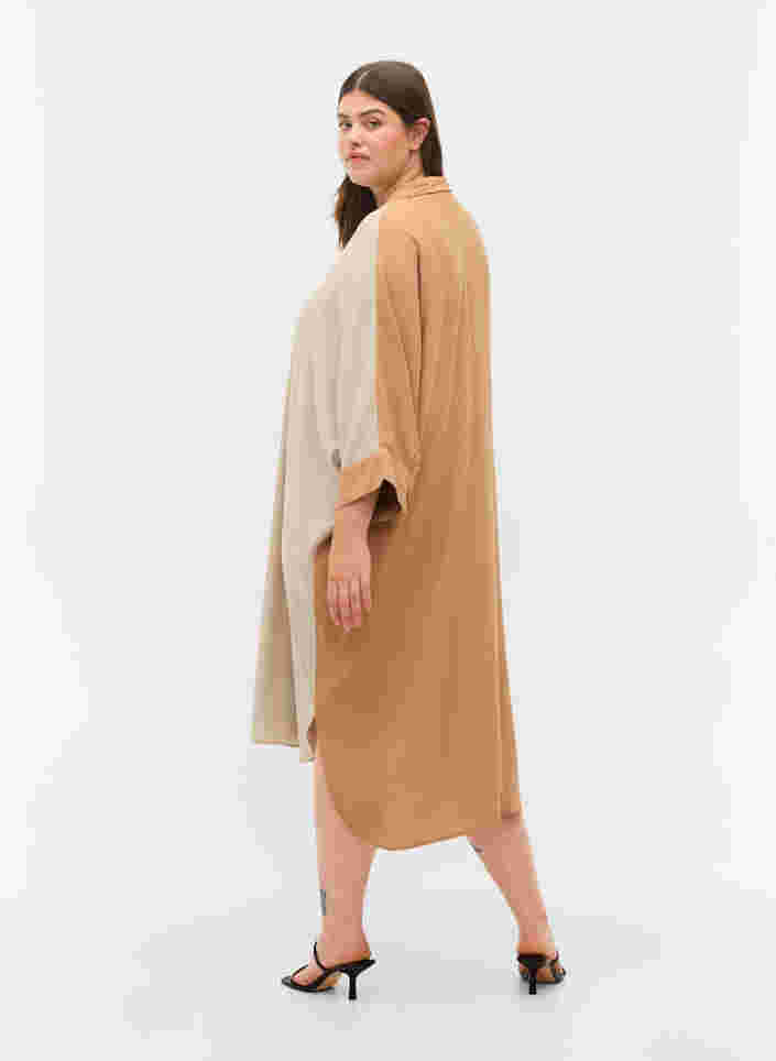 Skjortekjole i viskose med 3/4-ermer og colorblock, Praline, Model