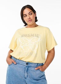 T-skjorte i økologisk bomull med strassteiner og sommerfuglmotiv, Beige T-skjorte i økologisk bomull med strassteiner og sommerfuglmotiv, Beige, Model