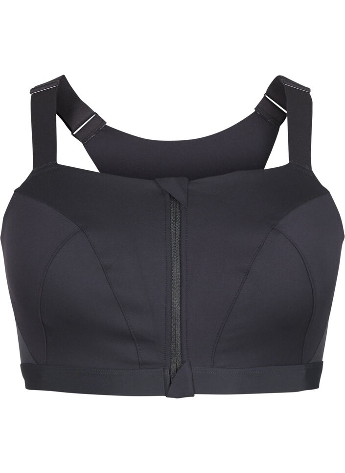 Sportsbh med lukking foran og h&oslash;y st&oslash;tte, Svart, Packshot image number 0
