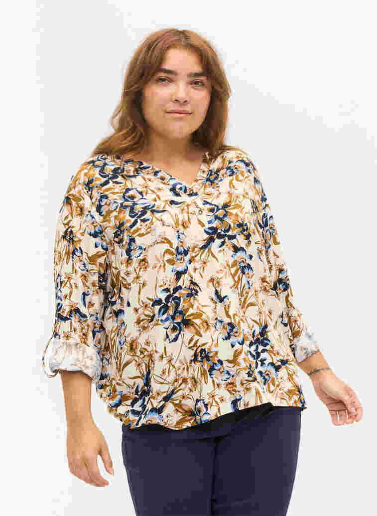 Bluse i 100% viskose med blomstermønster, Ecru Flower, Model