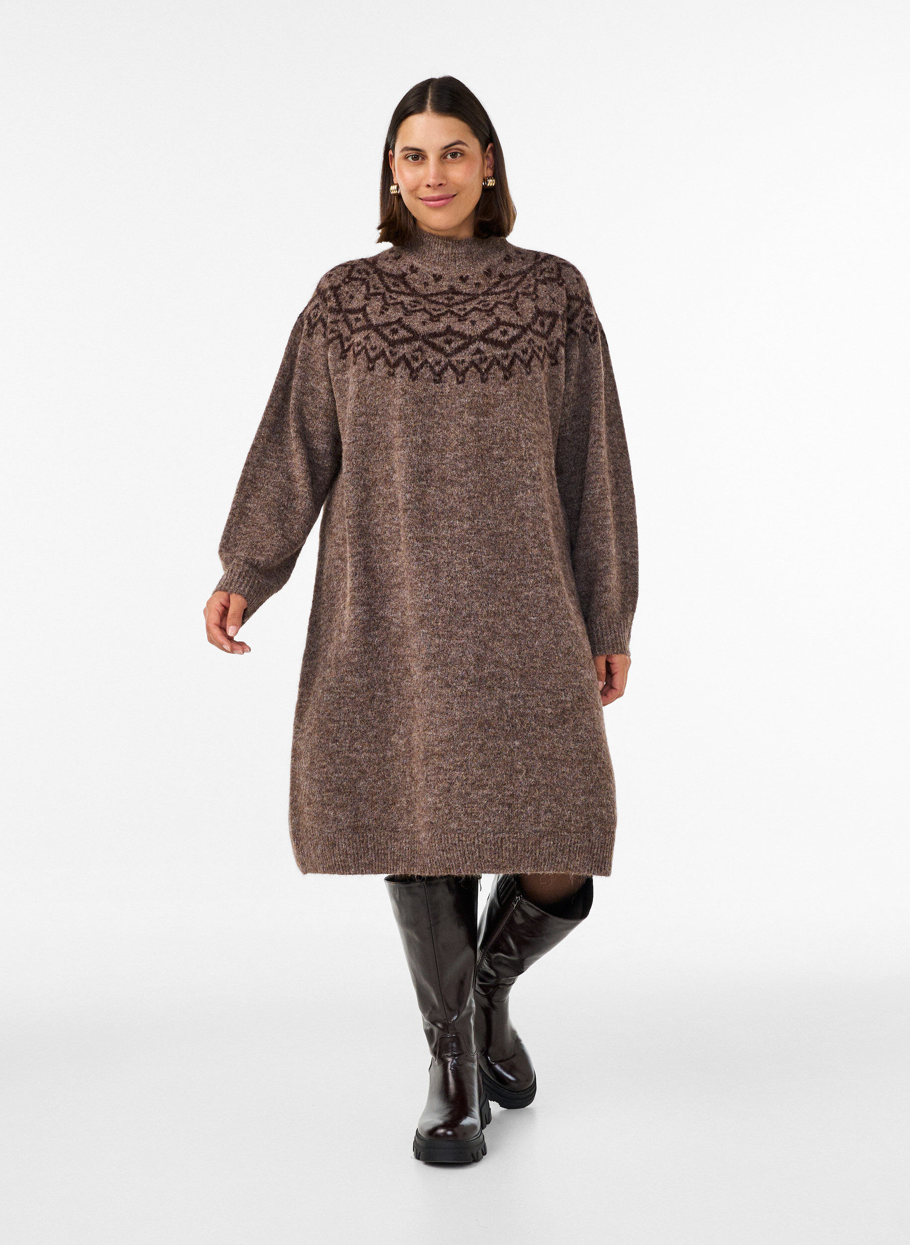 ZizziStrikkekjole med jacquardm&oslash;nster, Brun, Model image number 1
