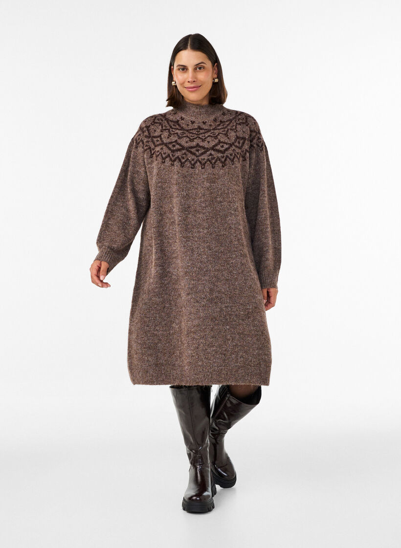 Strikkekjole med jacquardm&oslash;nster, Brun, Model image number 1