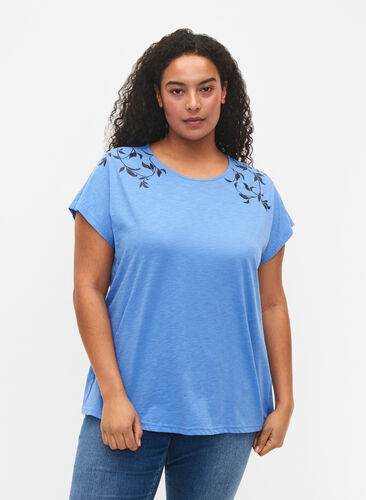 T-skjorte i bomull med mønsterdetalj, Ultramarine C Leaf, Model image number 0