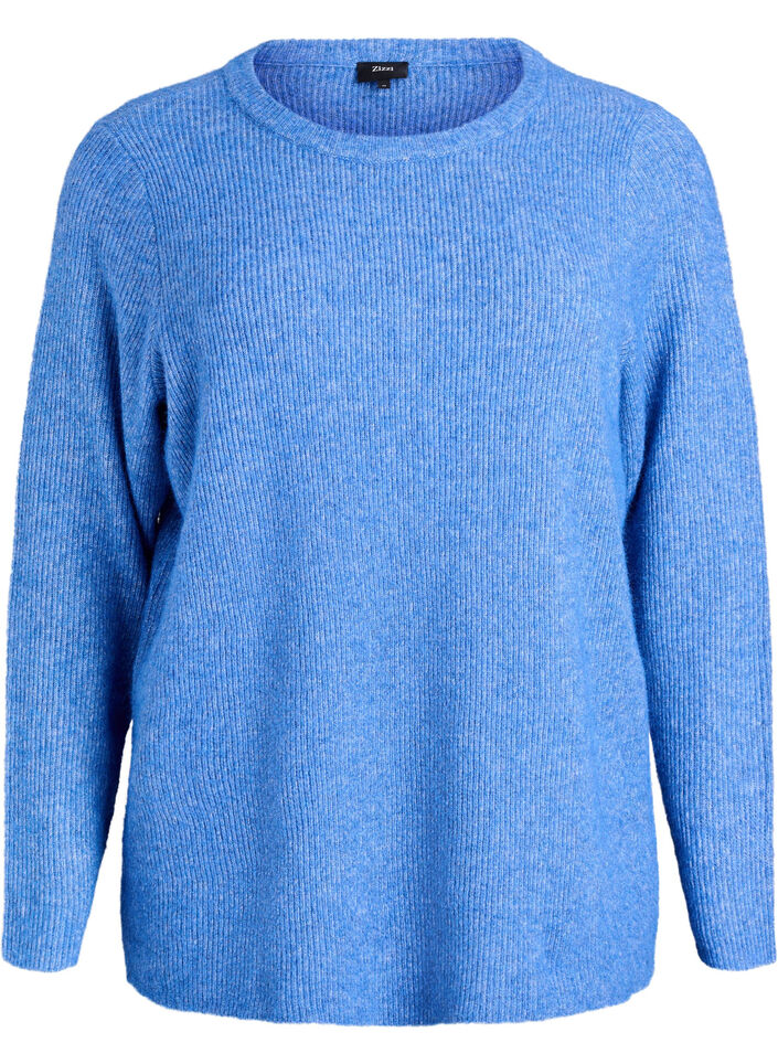 Melert strikkebluse med rund hals, Bl&aring;, Packshot image number 0