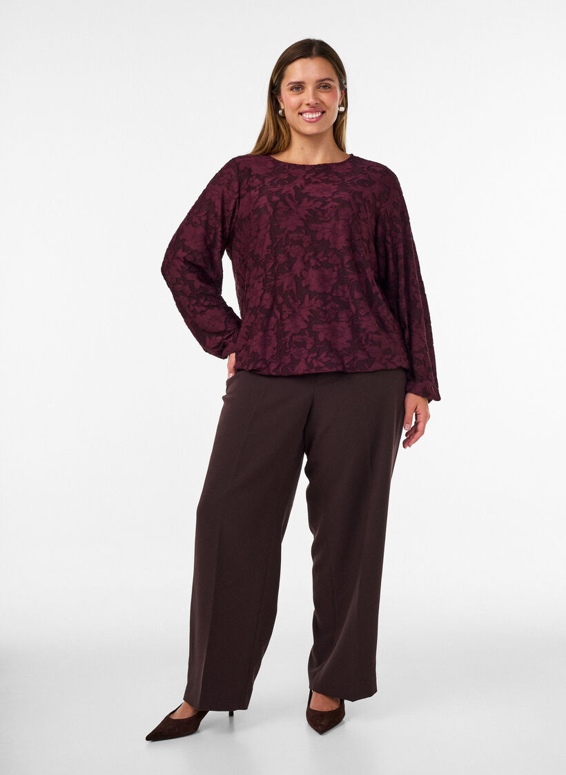 Gjennomsiktig bluse med blomstertekstur og lange ermer, R&oslash;d, Model image number 1