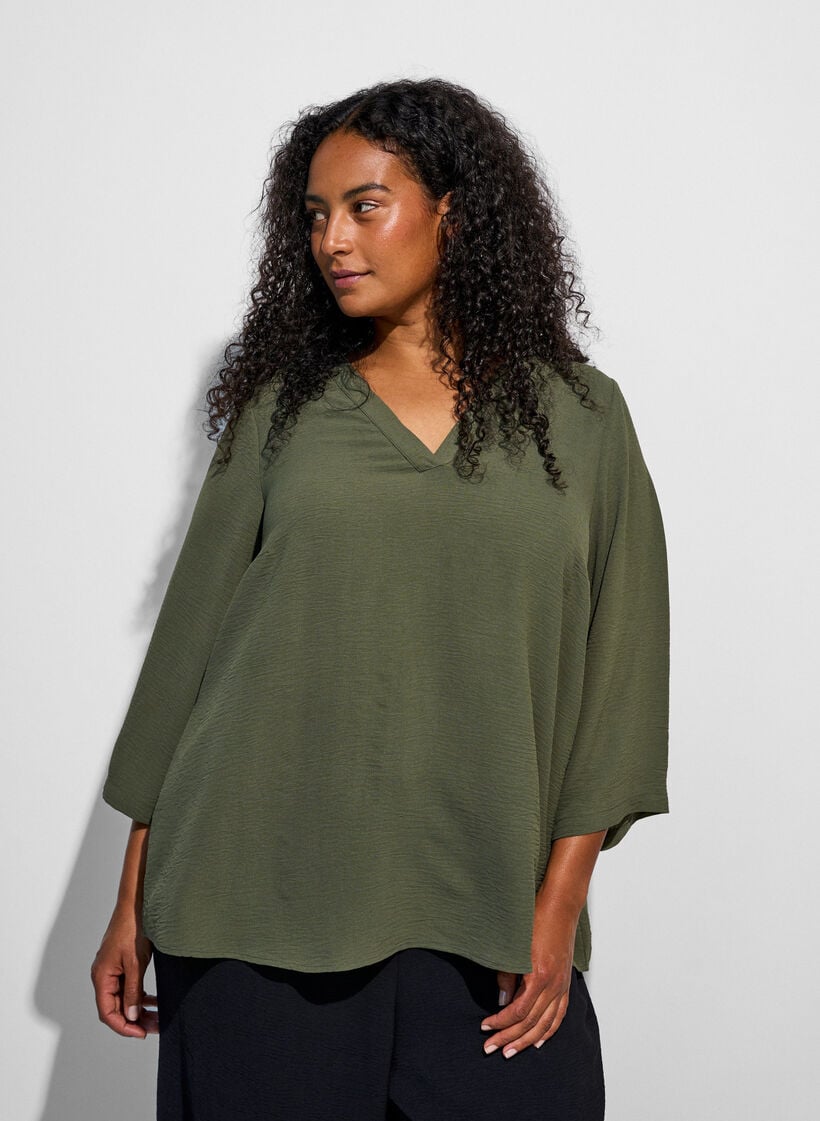 Bluse med 3/4 ermer, Gr&oslash;nn, Model image number 0