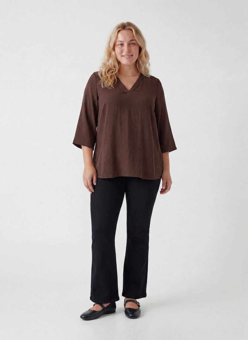 Bluse med 3/4 ermer, Brun, Model image number 1