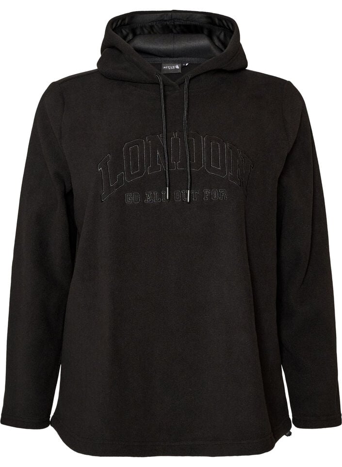 Fleece hettegenser med h&oslash;y hals og brodert tekst, Svart, Packshot image number 0