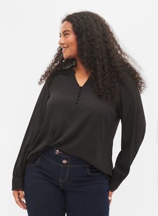 Langermet bluse med V-hals , Black, Model image number 0
