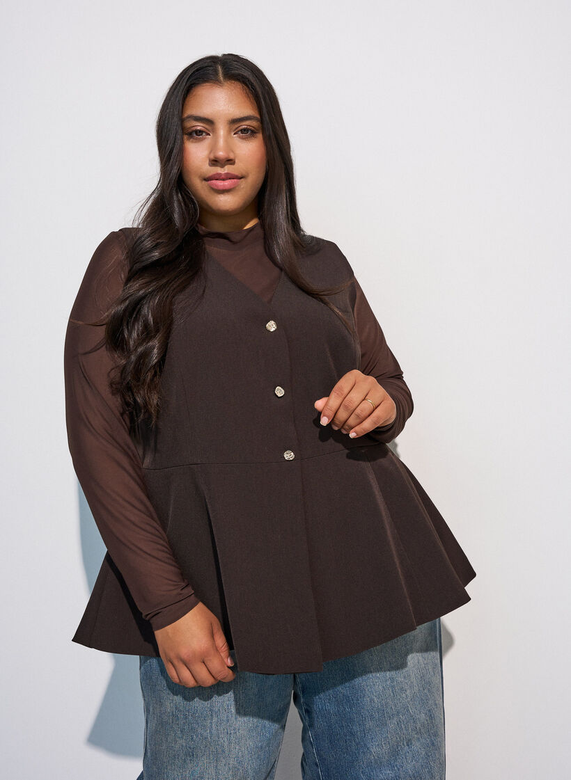 Tett sittende meshbluse med lange ermer, Brun, Model image number 0