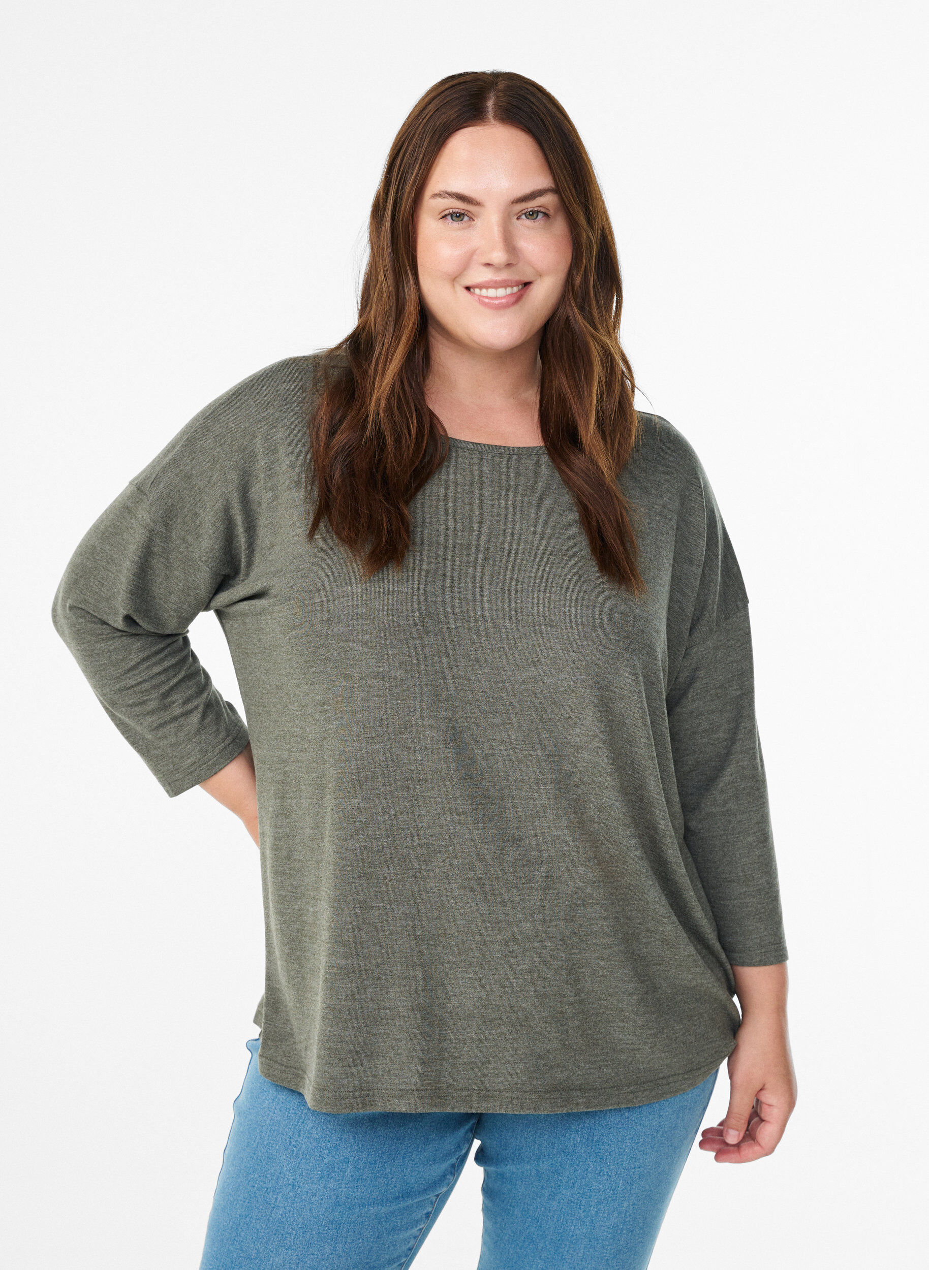 Jersey bluse med 3/4 ermer, Gr&oslash;nn, Model