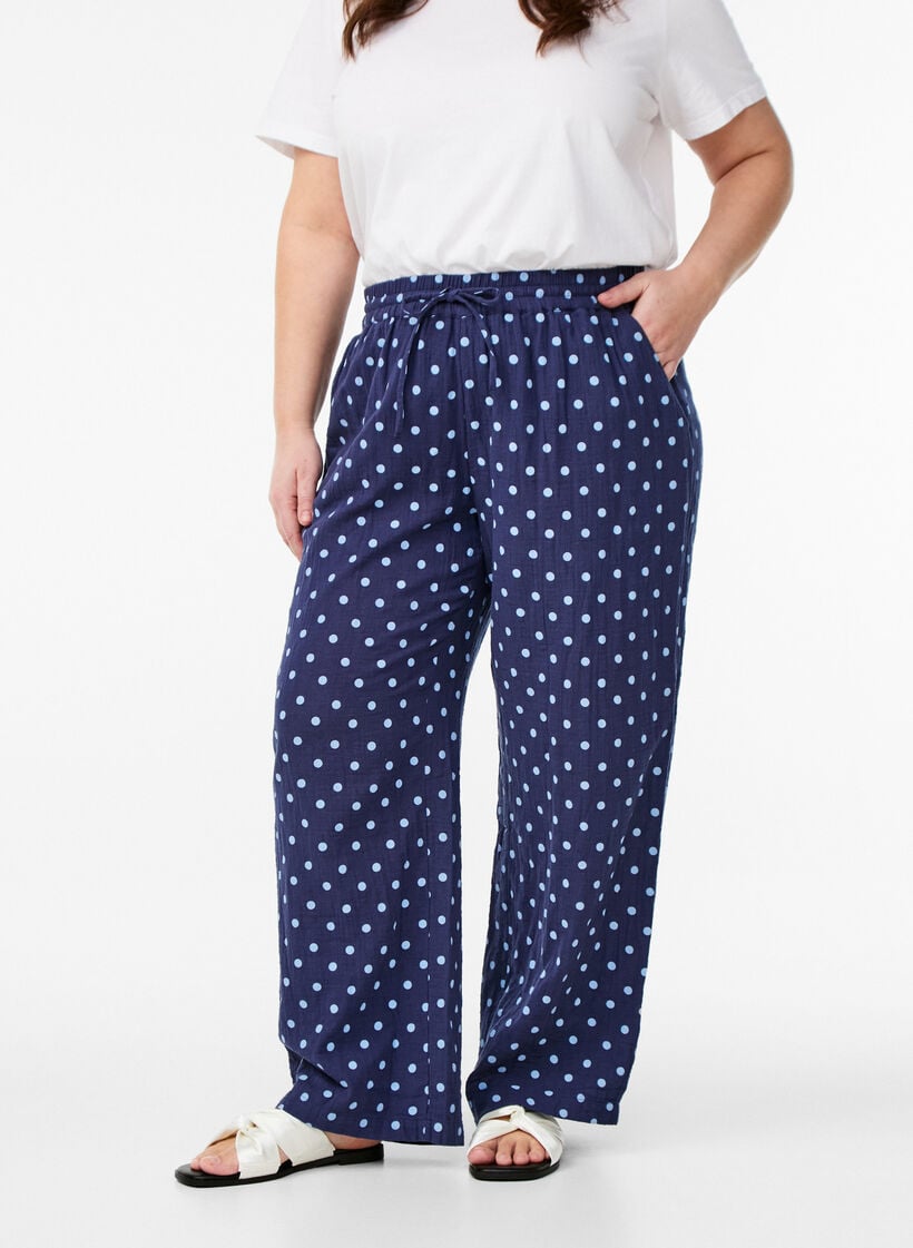Løse bukser i bomullsmuslin med polka dots, Blå, Model image number 2