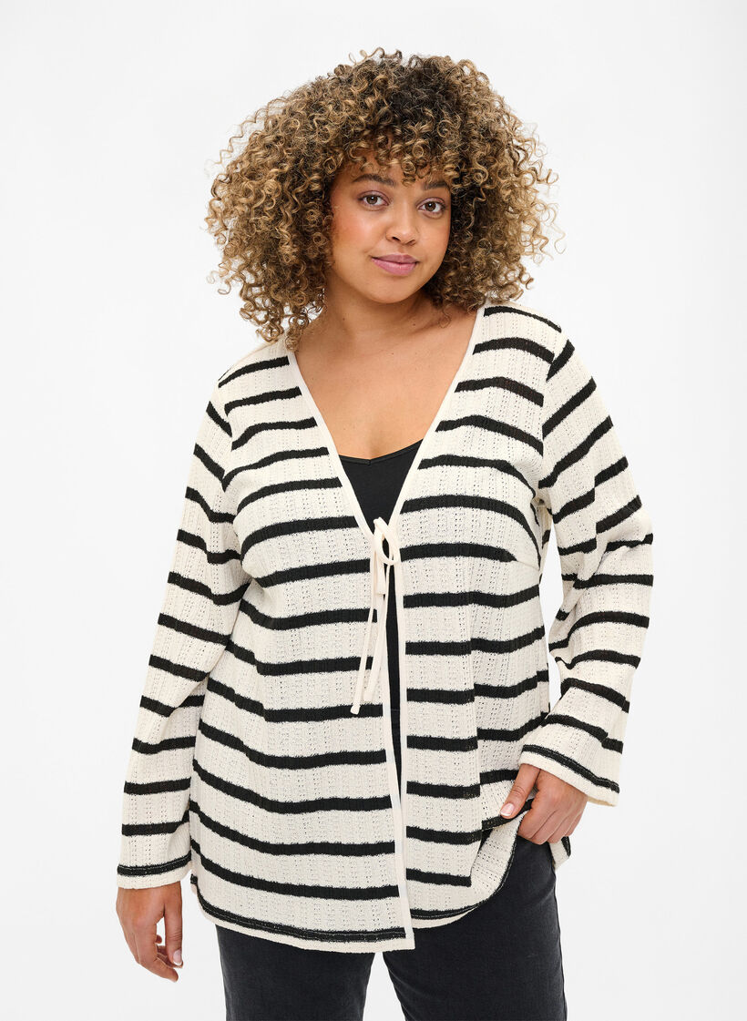Stripete cardigan med knytestrikk, Sand Black Stripe, Model image number 0
