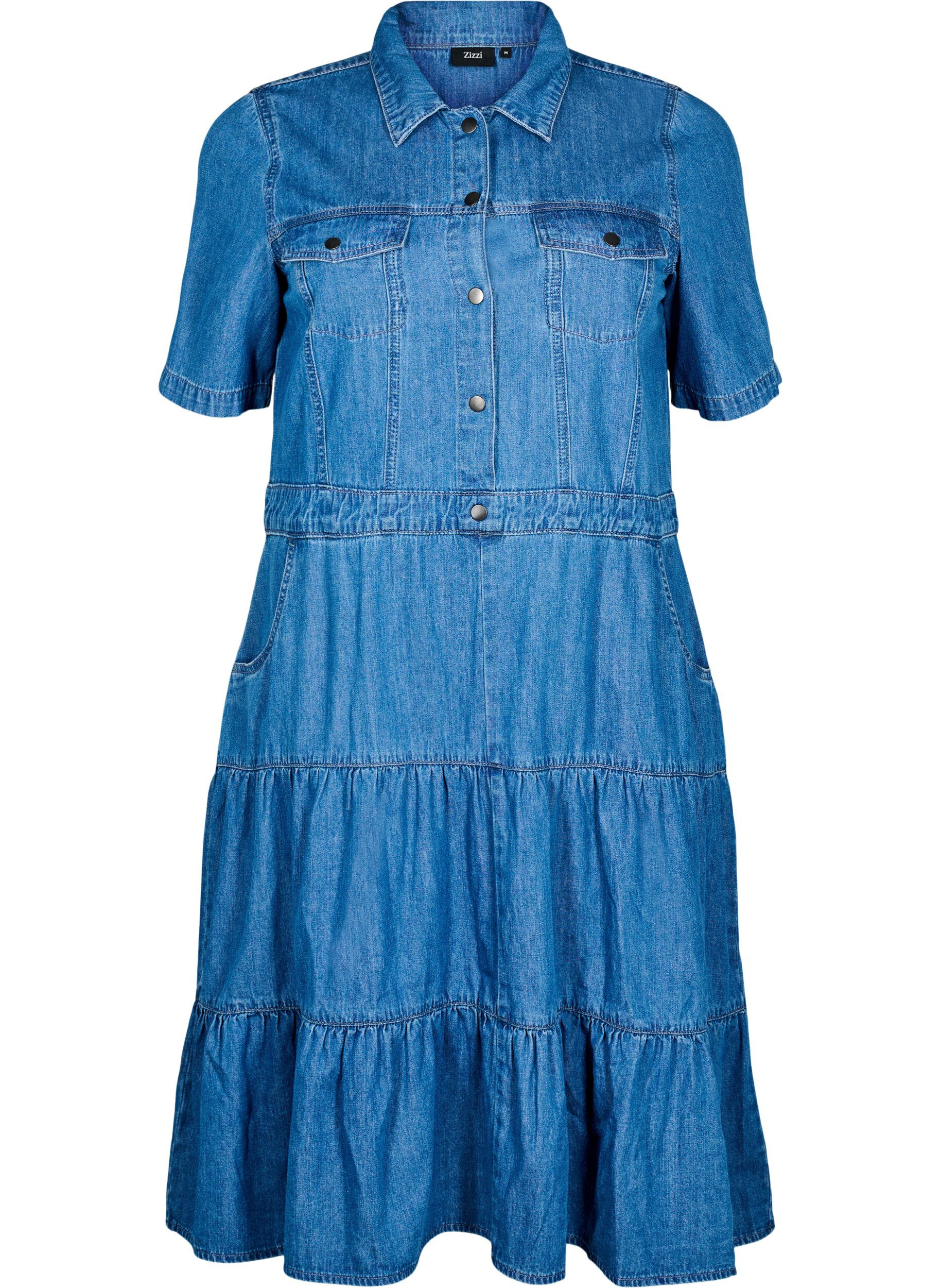 Midikjole i denim med knapper og korte ermer