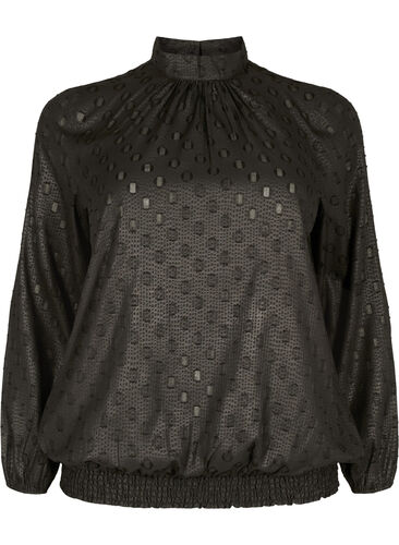 Mønstret bluse med lange ermer og smock, Black, Packshot image number 0