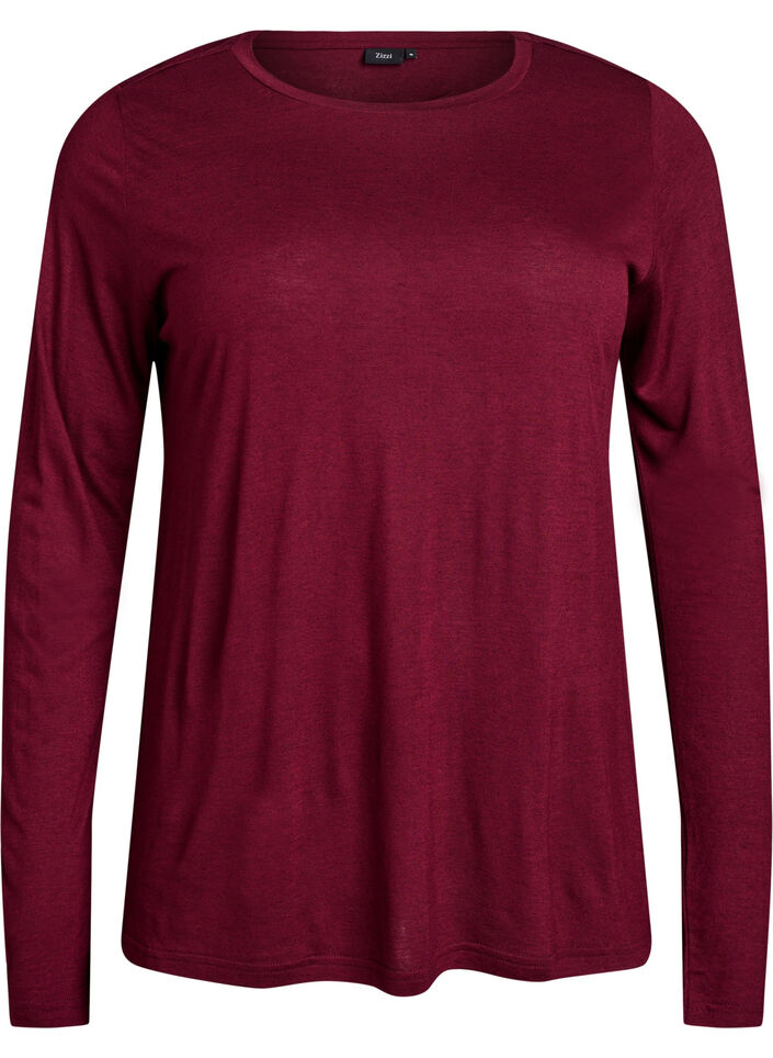Langermet bluse i ull og viskose, M&oslash;rk Bordeaux, Packshot image number 0
