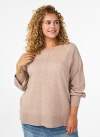 Strikket bluse med midtsøm og raglanermer, Beige Strikket bluse med midtsøm og raglanermer, Beige, Model