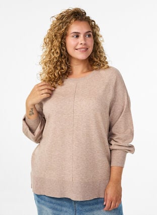 Zizzi Strikket bluse med midtsøm og raglanermer, Beige, Model image number 0