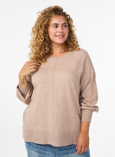 Zizzi Strikket bluse med midtsøm og raglanermer, Beige, Model image number 0