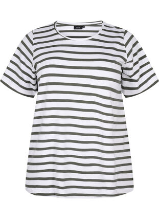 T-skjorte i økologisk bomull med striper, Thyme Stripe, Packshot image number 0
