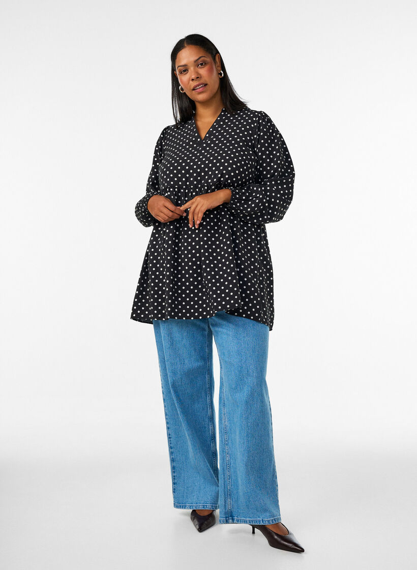 Prikkete tunika med empireliv og A-linjeform, Svart, Model image number 1