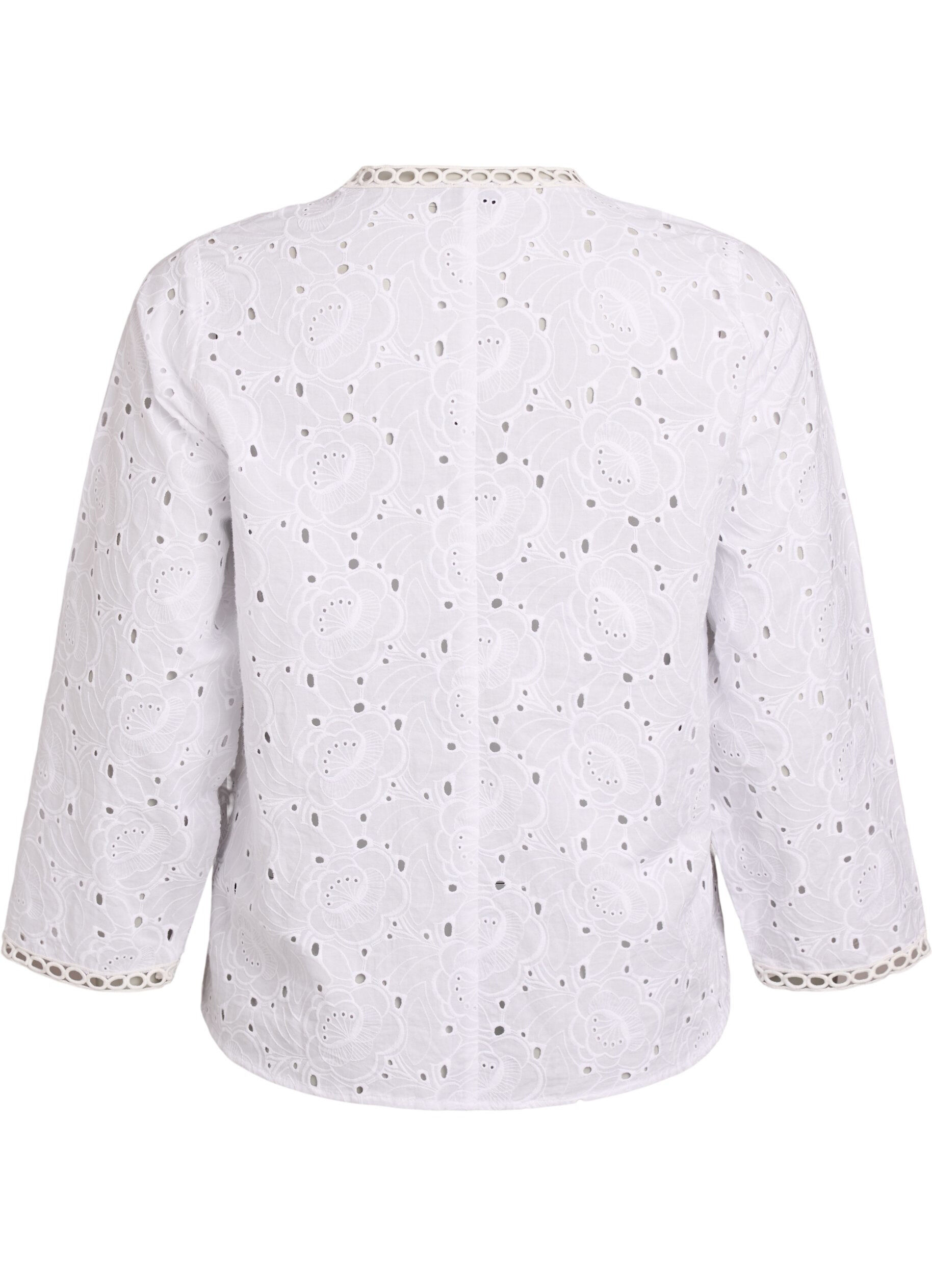 Zizzi Langermet bomullsbluse med broderie anglaise, Hvit, Packshot image number 1