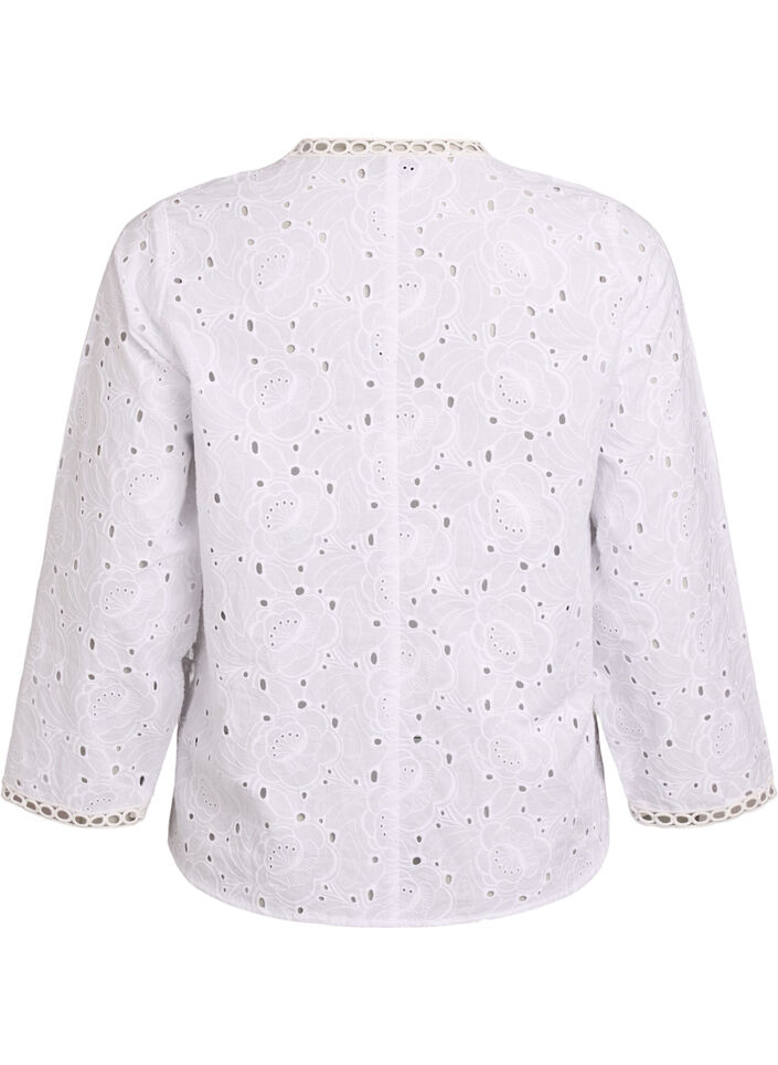 Langermet bomullsbluse med broderie anglaise, Hvit, Packshot image number 1