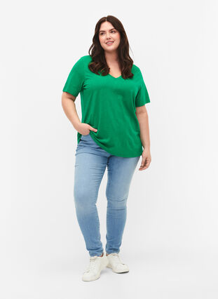 Kortermet basic t-skjorte med v-hals, Jolly Green, Model image number 2